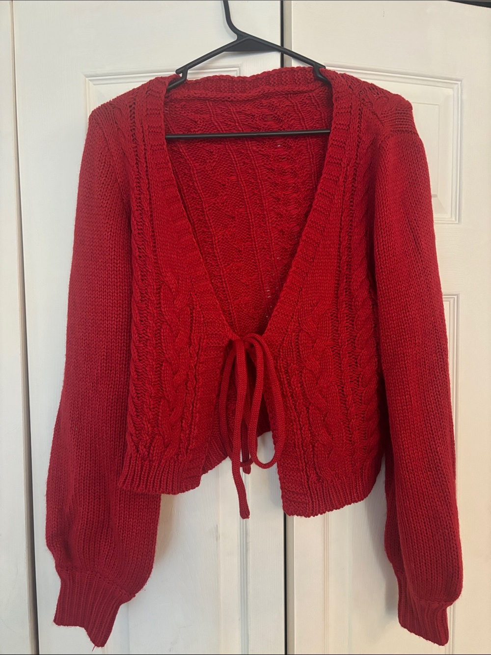 Red Tie-Front Cable Knit Women’s Sweater